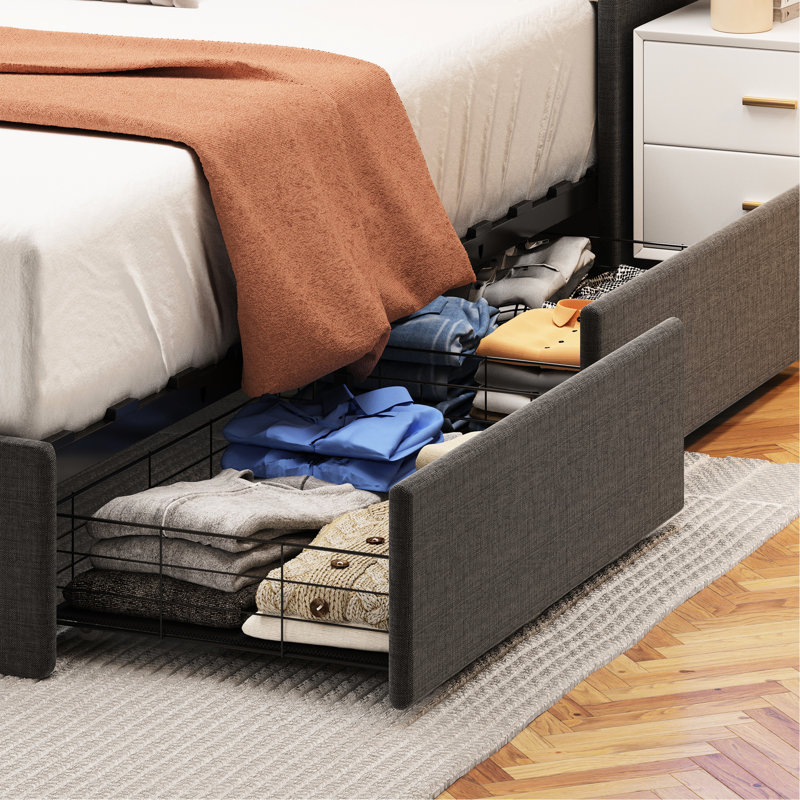 Dark Grey Bed Frame With Led & 4 Under Storage Slots - Queen Bed, Headboard Drawers,