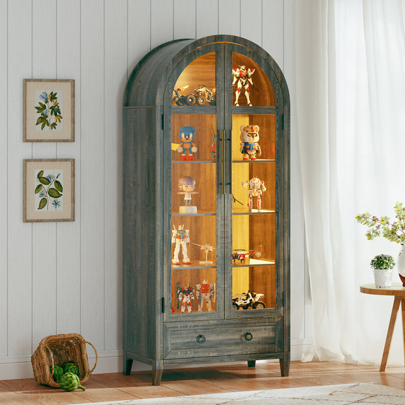 Vitrine de rangement arquée avec lumières DEL, luminosité réglable et induction humaine intelligente, Brun