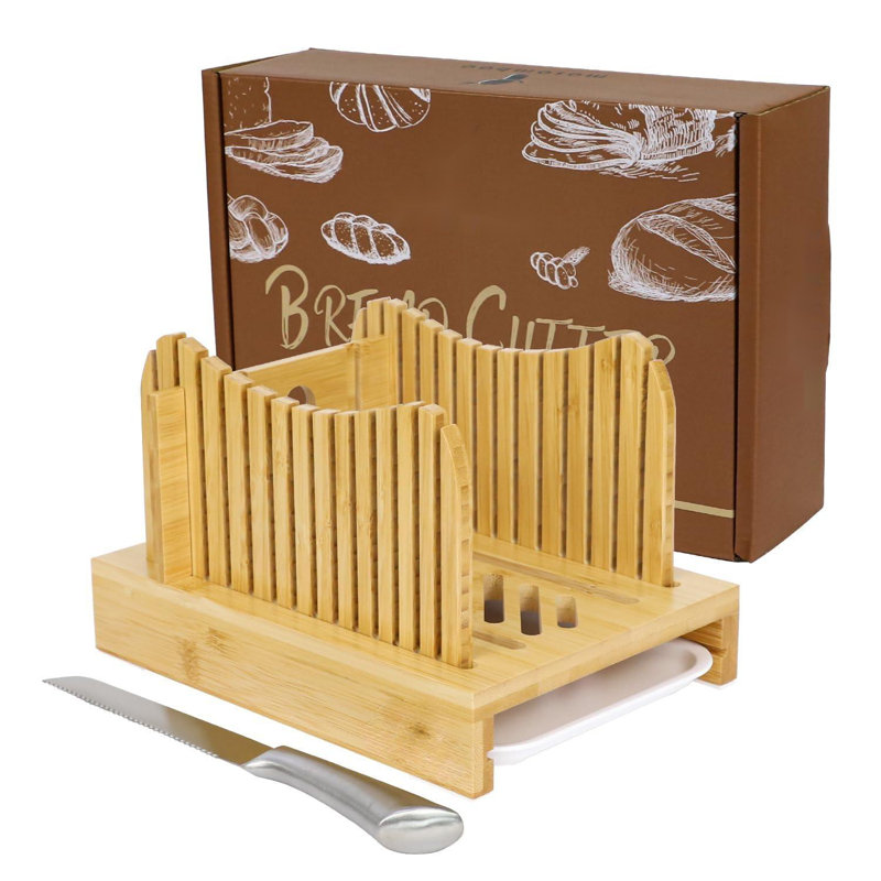 Bamboo Bread Slicer For Homemade Bread With Serrated Knife & Crumb Tray - Foldable Compact Bread Cutting Guide, Adjustable Bread Slicer, Bamboo Bread Cutter For Homemade Bread, Cakes, Bagels