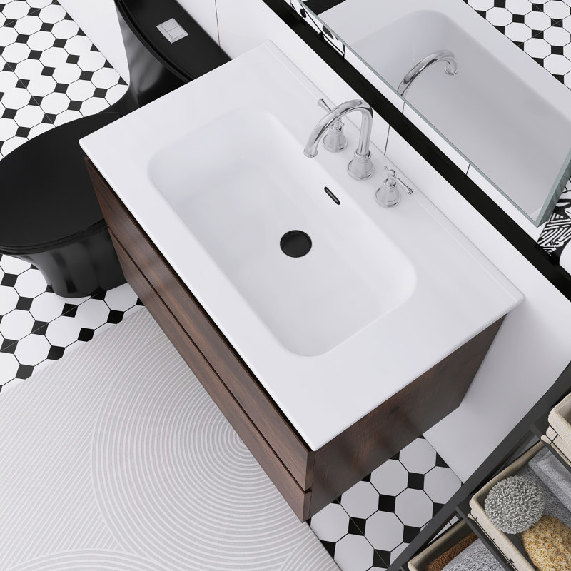 Meuble-lavabo flottant mural 30 po avec lavabo en céramique blanche, Noyer