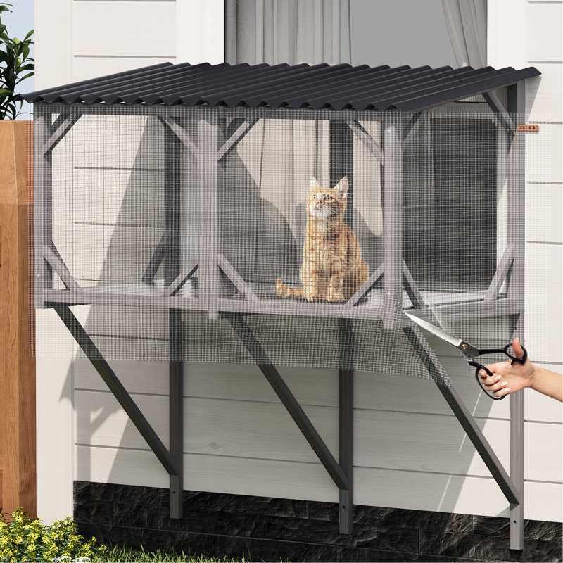 Boîte à fenêtre pour chat - Extérieur de 43,3 po avec filet anti-insectes, matériau en bois d'épinette, spacieuse pour plusieurs petits chats, confort toutes saisons, moustiquaire facile à installer sur les fenêtres du bas, cadre, félins,