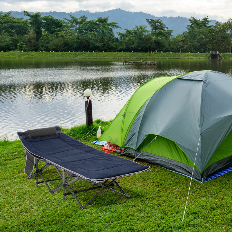 Lit de camp pliant pour adultes avec matelas et oreiller, gris et bleu