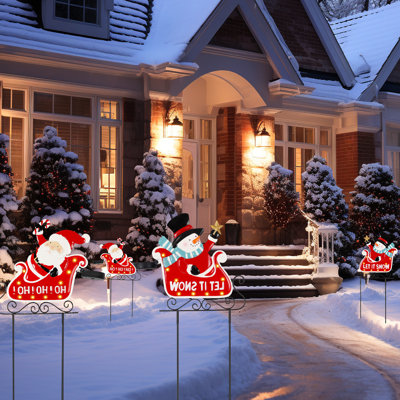 2-Pack LED Lighted Santa & Snowman Sled Yard Signs - Outdoor Metal Christmas Lawn Decor