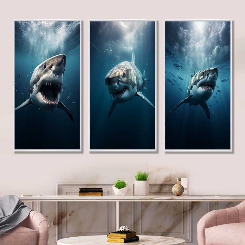 Blue Shark Apex Predator Photo - Shark Canvas Art Print Set Of 3, 28" H x 36" W, White Floater Framed
