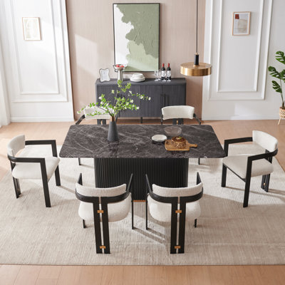 7 Piece Modern Dining Table  Set, Faux Marble Dining Table and 6 Boucle Dining Chairs