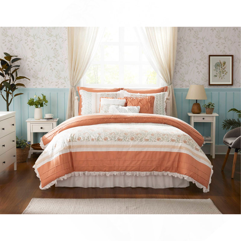 Ensemble d'édredon en percale de coton 9 pièces Coral Queen , Grand édredon et 8 pièces supplémentaires