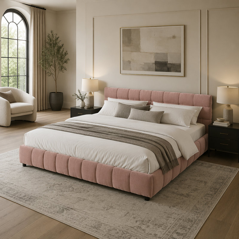 King Size Upholstered Bed ,Comfortable Upholstered Bed Frame, Chenille Fabric, King, Pink