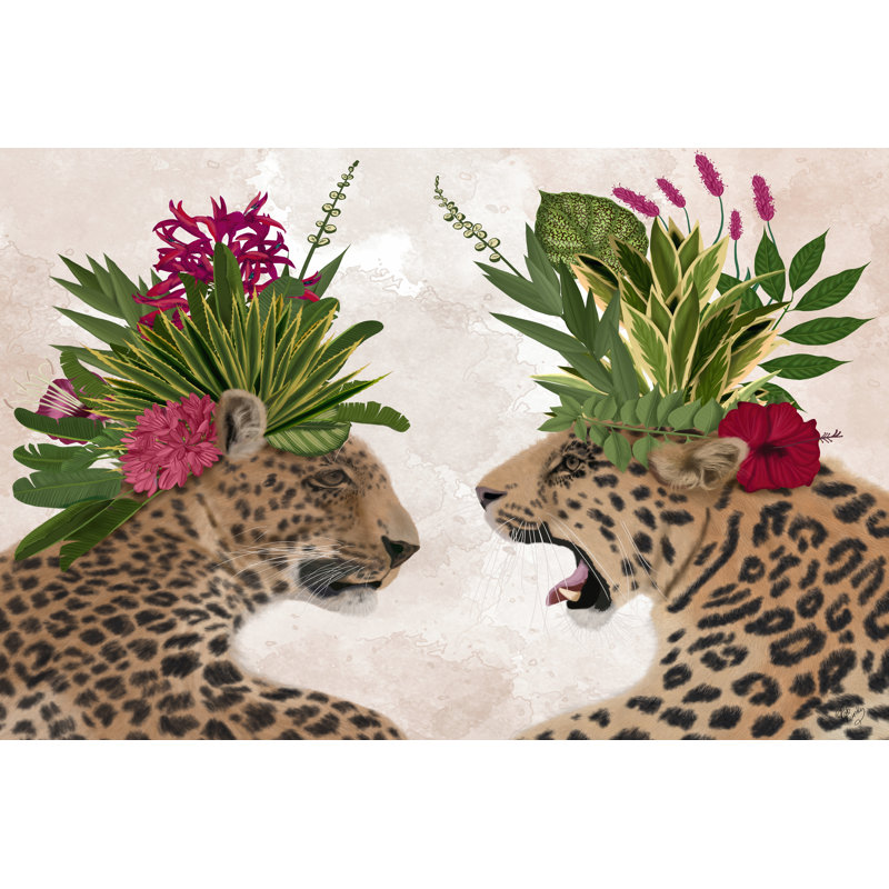 Hot House Leopards, Pair, Pink Green by Fab Funky - Wrapped Canvas Print, 30cm H x 46cm W