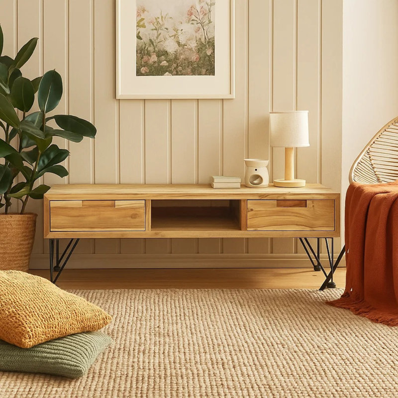 Meuble télé avec meuble télé, bois de teck naturel et fer forgé, 47 po
