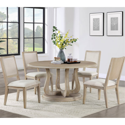 Table ronde et chaise de salle à manger, fini blanchi, piètement central, densité moyenne pour un confort optimal, style contemporain, placage en bois d'hévéa.