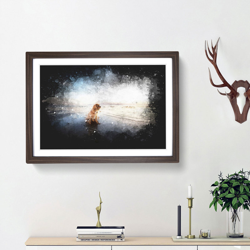 King Charles Spaniel upon the Beach - Picture Frame Graphic Art Print, 45cm H x 63cm W x 2cm D, Walnut Framed