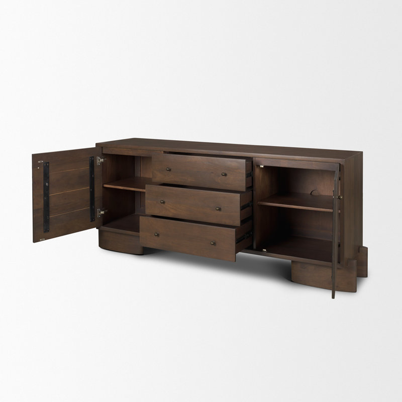 Buffet 2 portes 3 tiroirs en bois moyen avec laiton vieilli foncé, Marron foncé