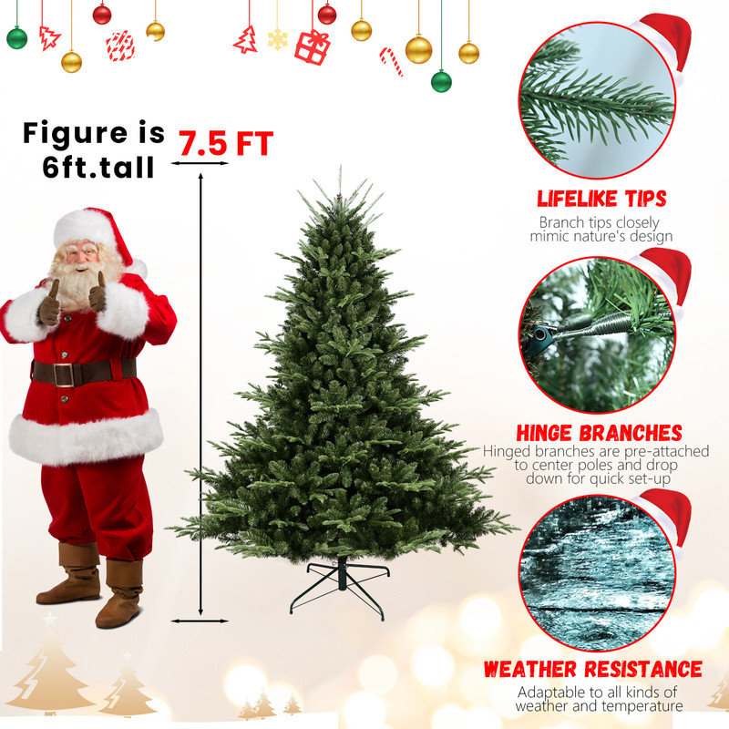 Arbre de Noël pleine forme 7,5 pi avec 2441 pointes mixtes en PE / PVC, structure à charnières et support en métal - Installation réaliste et facile