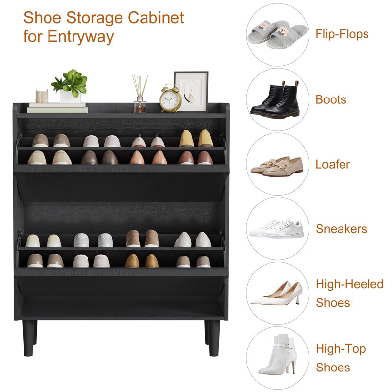 18-40 Pair Shoe Storage Cabinet With 2/3/4/6 Flip Drawers, Black