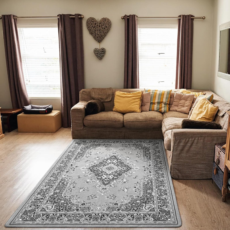 Delcine Washable Floral Indoor Rug, Rectangle 5' x 7', Gray