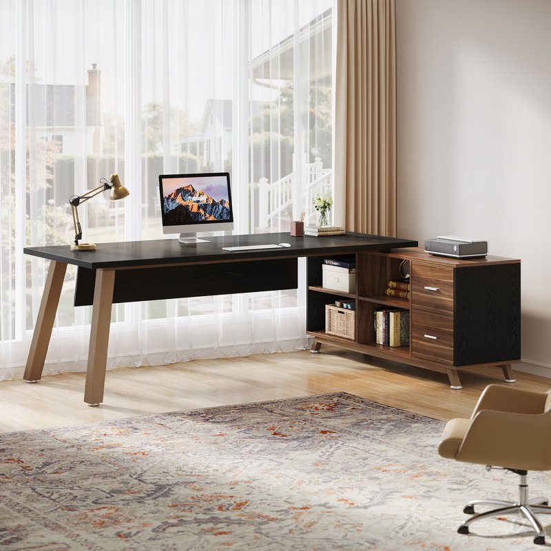 78.7" L-Shaped Executive Desk, Modern Large Office Computer Desk with Storage Cabinet for Home Office, Black