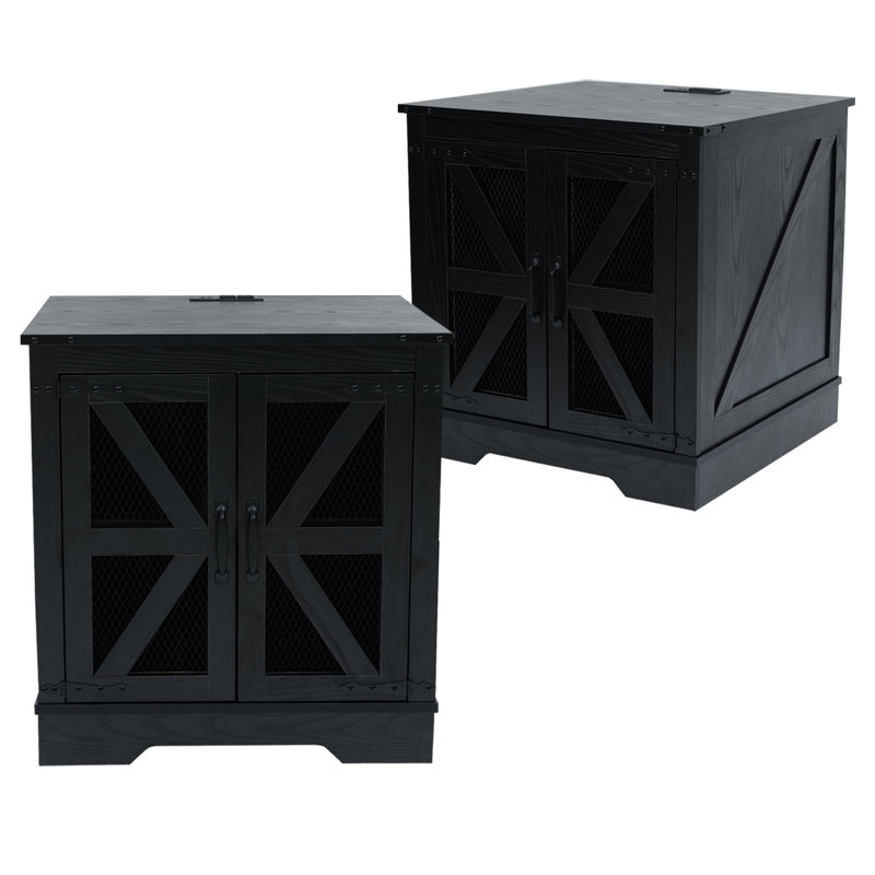 Farmhouse End Table Set of 2 with Charging Station - Nightstand with 2 Outlets & 2 USB Ports - Vintage Industrial Side Table