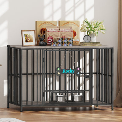 Large Foldable Dog Crate Furniture, Assembly-Free Dog Crate With Adjustable Bowls And Name Tag For Small, Medium, Large Dog