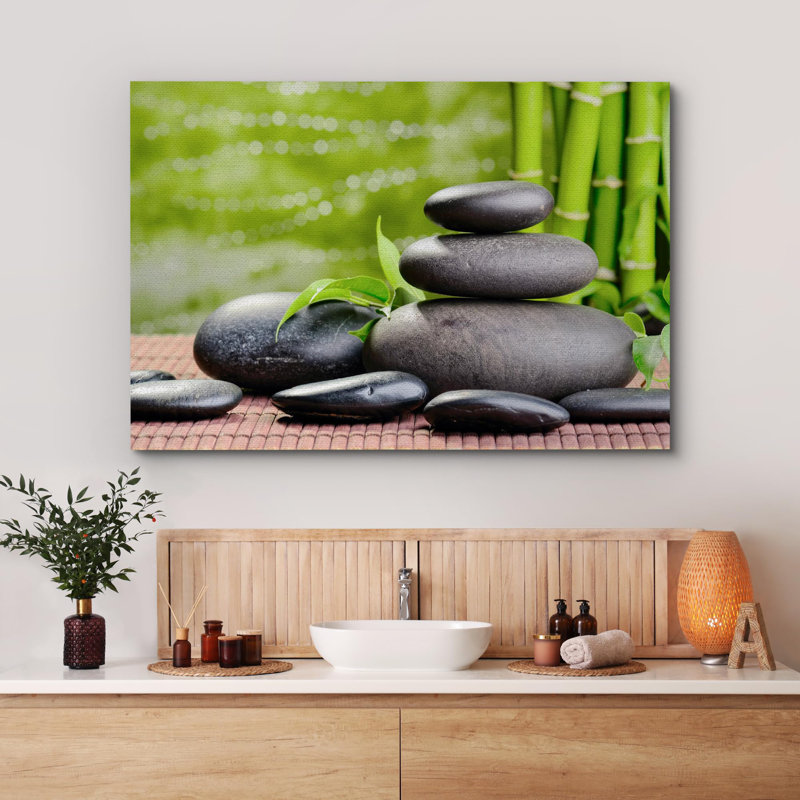 Zen Stones " Bamboo Tree Massage Stone Pebbles Laundry Bathroom Photography Modern Art Decor ", 12" H x 18" W