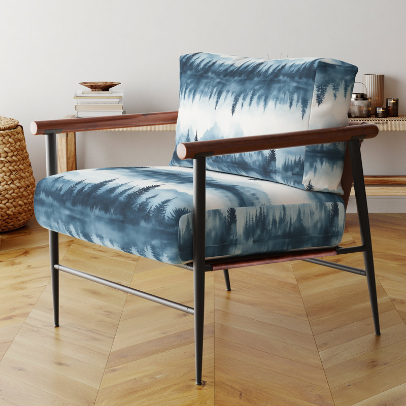 Chaise rembourrée Abstract - Fauteuil bleu Quiet Lake, Bras ronds bruns