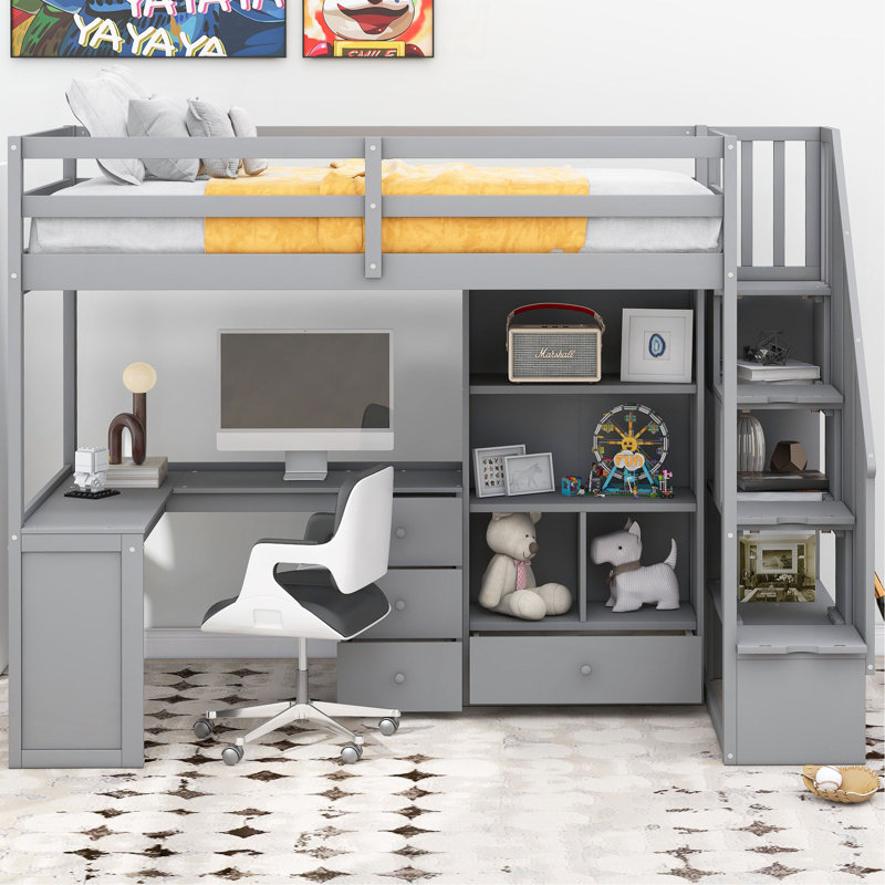 Lit mezzanine simple avec bureau en L et tiroirs, armoire et escalier de rangement, Grey