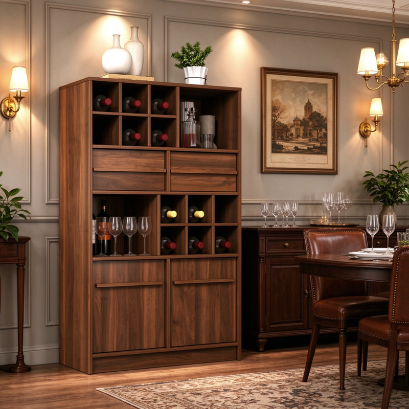 Buffet moderne en noyer avec casier à vin 12 bouteilles et 2 tiroirs, meuble de rangement pour boissons dans la salle à manger