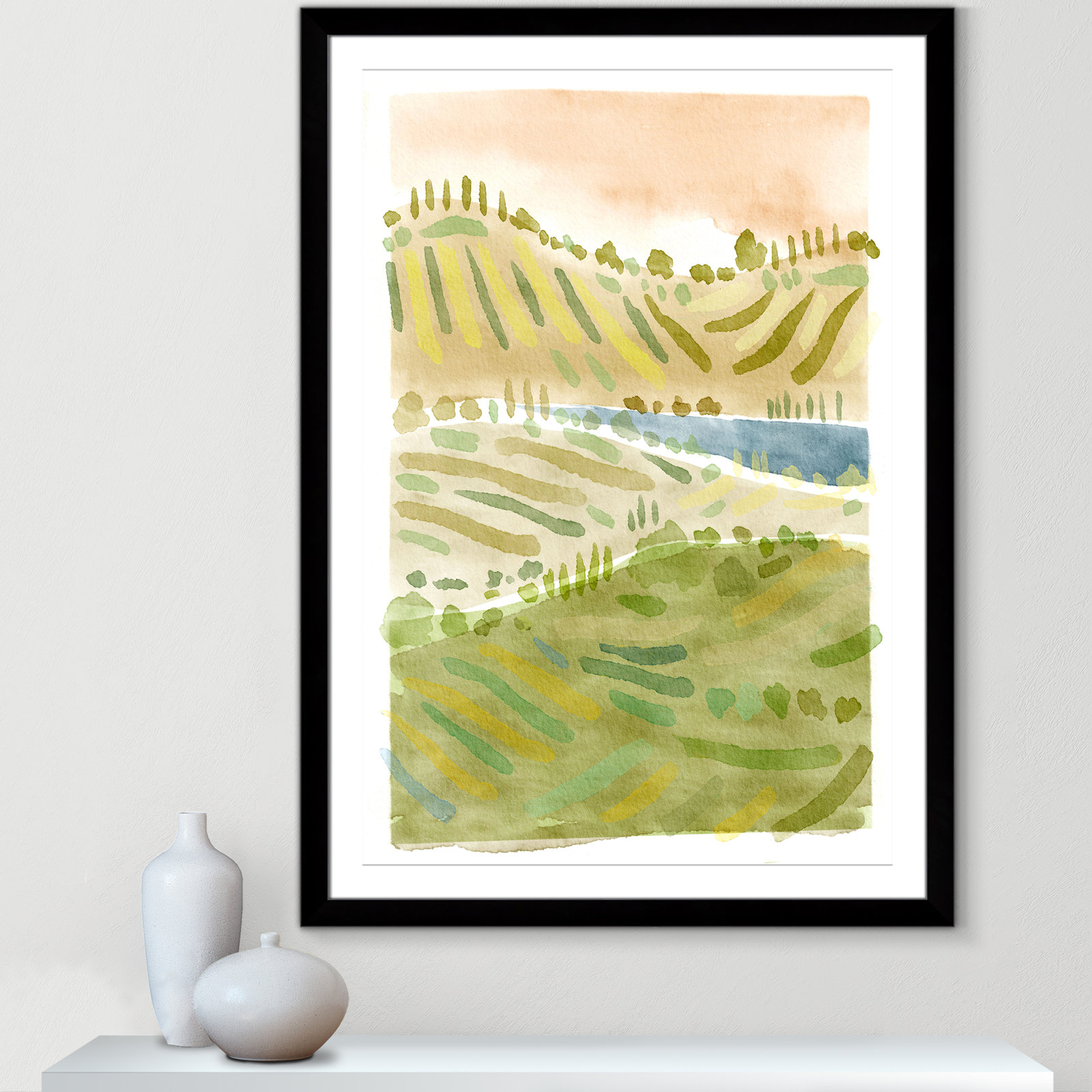 Tuscan Countryside Print, Black Single Picture Framed Paper, White, 49" H x 35" W x 1.25" D