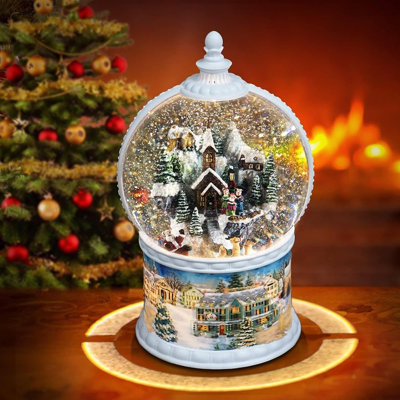 Large Lighted Musical Christmas Snow Globe Lantern, Winter Village with Swirling Glitter, Rotating Santa & Reindeer, USB or Battery Powered, Auto Timer, Festive Christmas Tabletop Decor & Gift