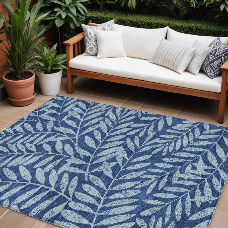 Tapis extérieur lavable floral bleu marine et bleu clair 8 pi x 10 pi