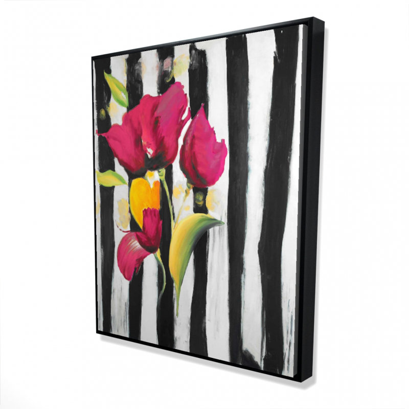 Pink Flowers On Black Stripes Print On Canvas