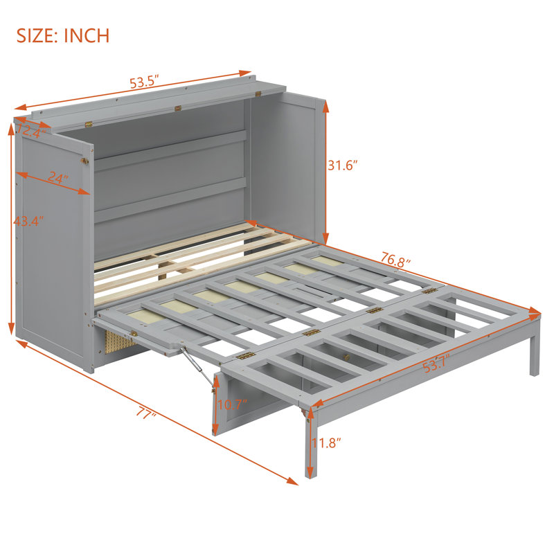 Full Murphy Bed Cabinet With Drawers And Rattan Decor, Gray, Full / Double