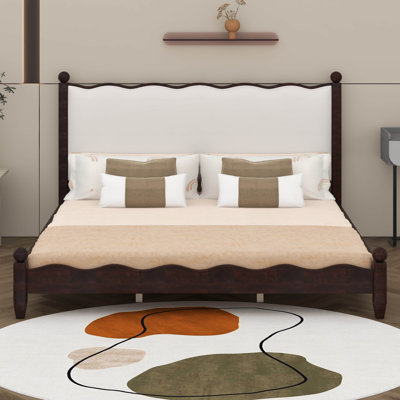 Platform Bed With Upholstered Scalloped Headboard, Wood Frame
