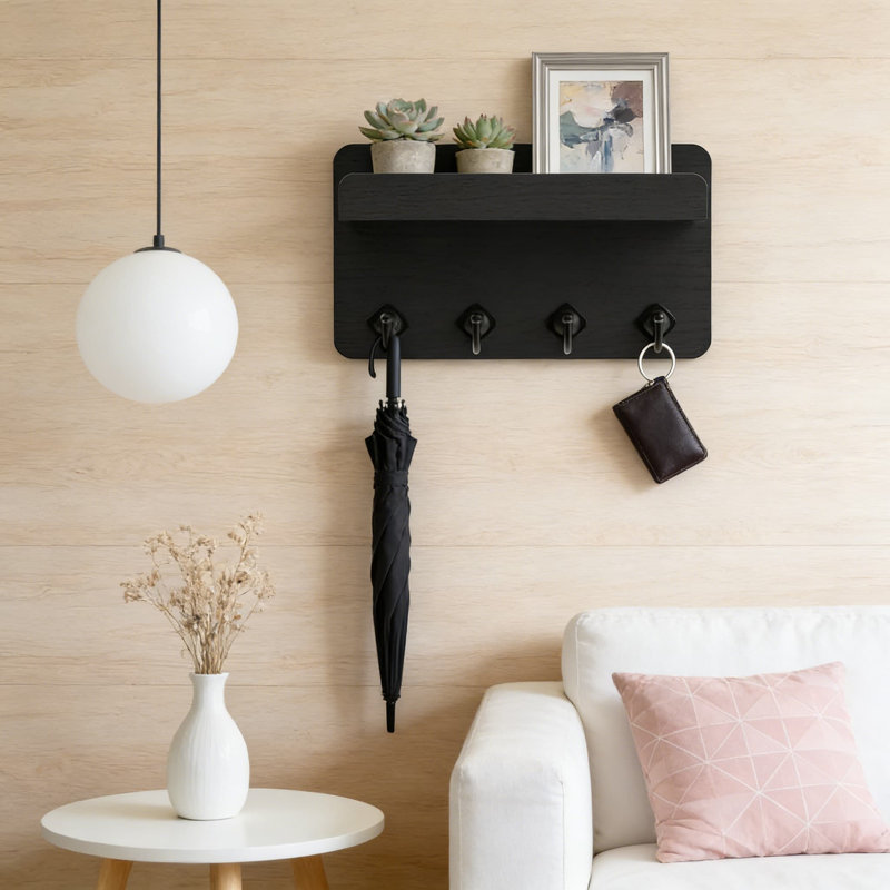 Porte-clés mural en bois avec tablette et 4 crochets, rangement pour clés, courrier et décoration intérieure, Noir