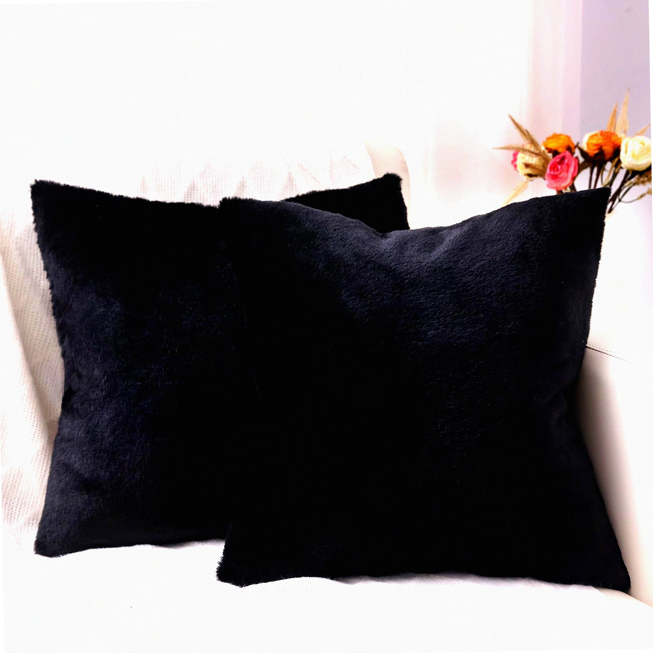 BRBCA Luxury Plush Black Pillow Covers - Set of 2 Soft Fluffy Cozy
