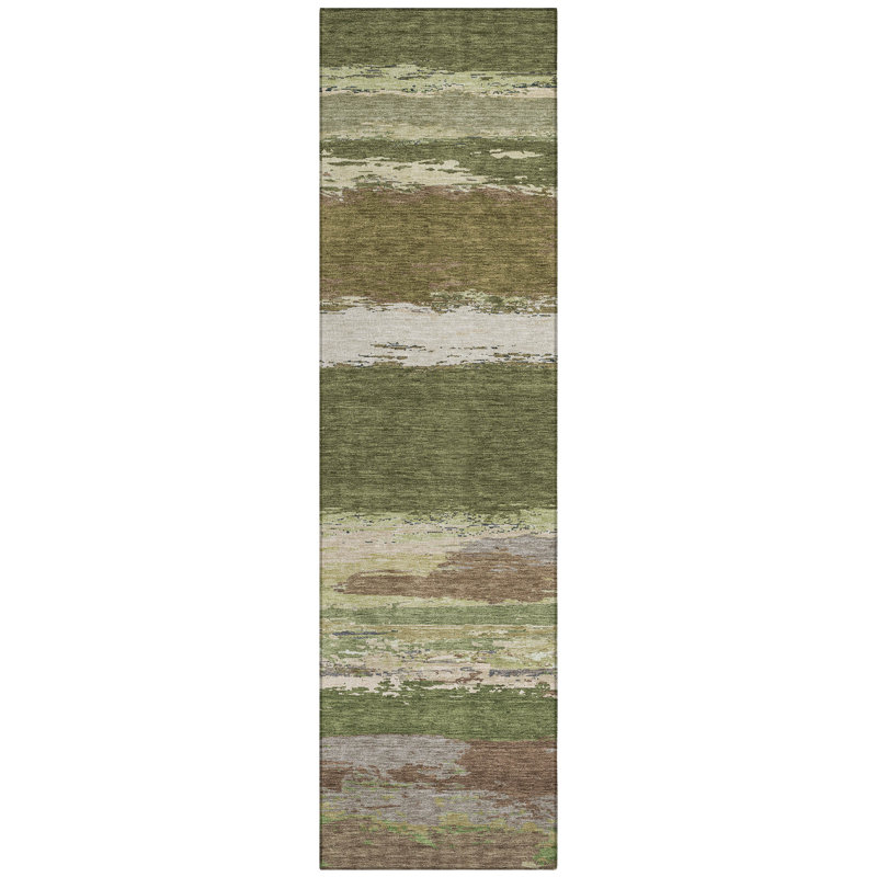 Red and Olive Striped Washable Synthetic Runner Rug 2'3" x 7'6"