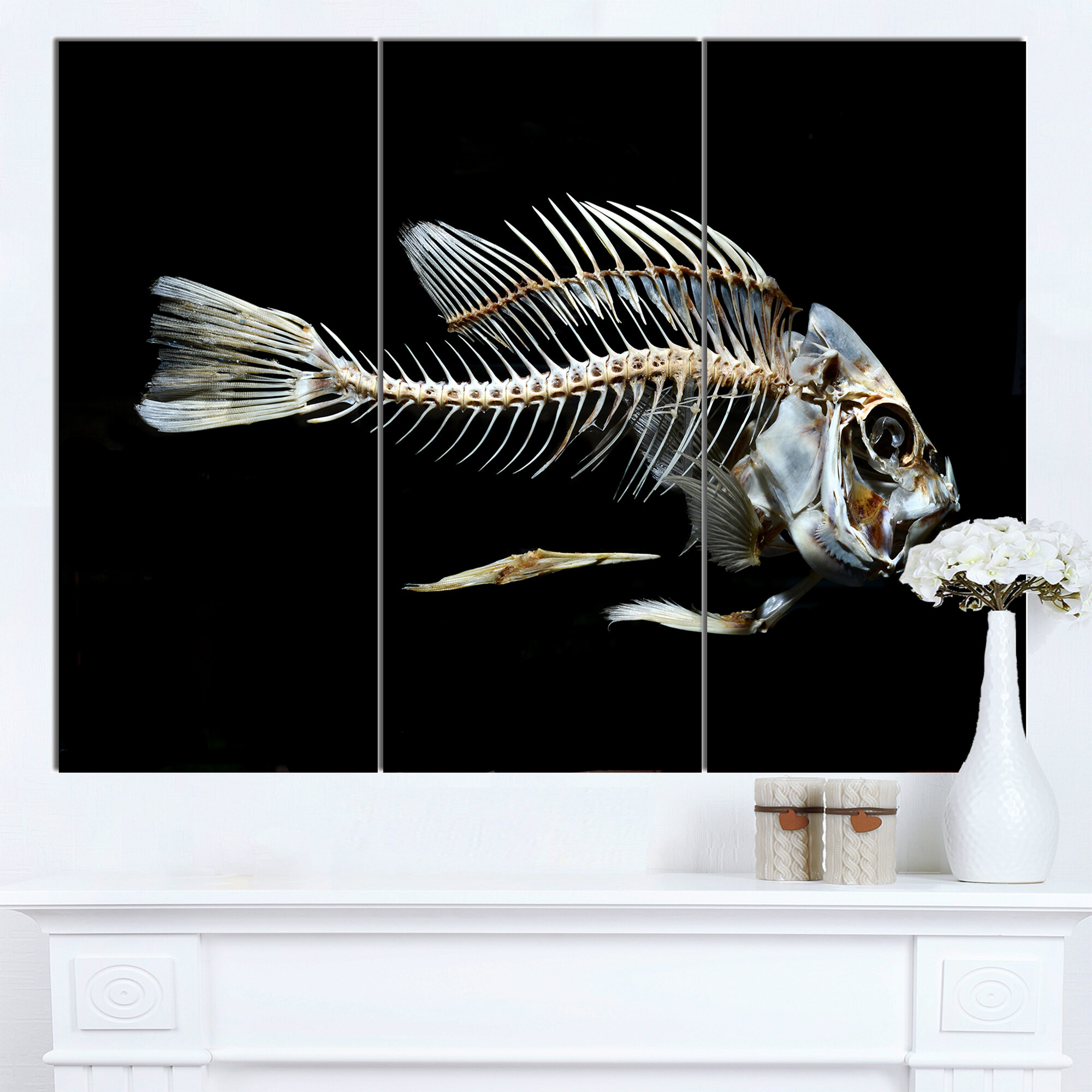 DesignArt Fish Skeleton Bone On Black On Canvas 3 Pieces Print