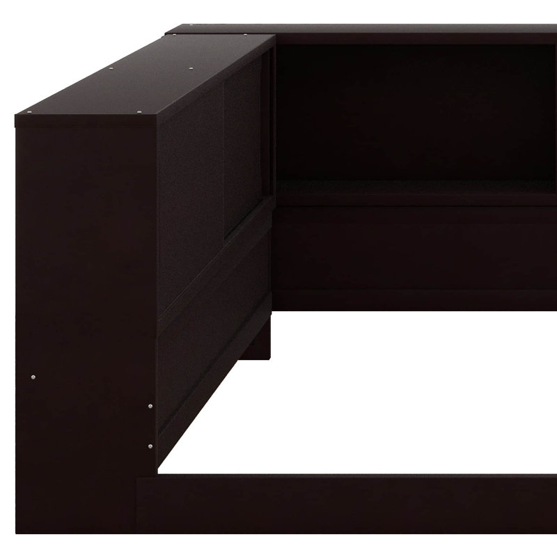 Grand lit d'angle avec tablettes, structure de lit de jour en forme de L avec DEL et rangement, lit de jour en bois grand format avec DEL