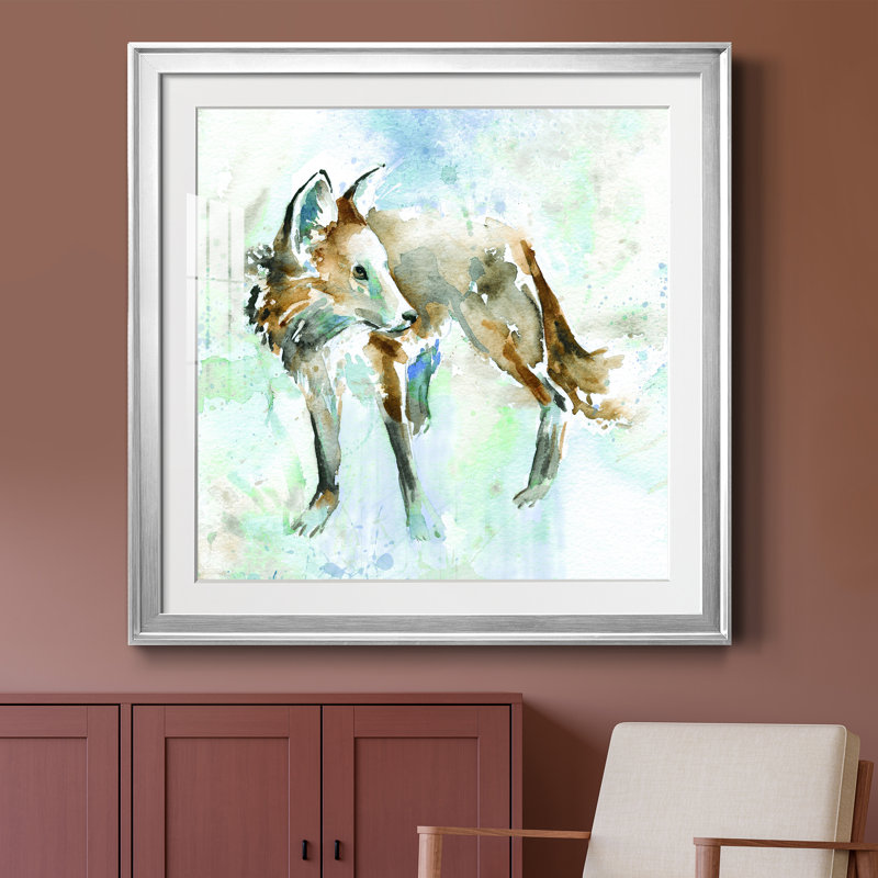 Renard sur fond bleu - peinture encadrée, H 30,5 po x l 30,5 po x P 1,5 po, Papier avec cadre argenté