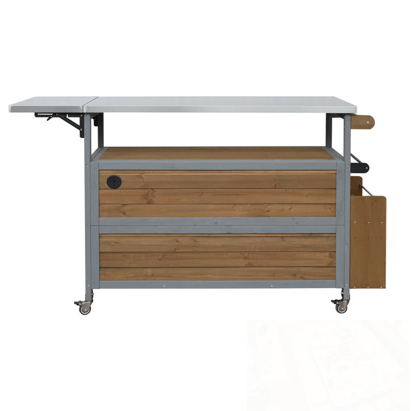 Outdoor Kitchen Island with open shelf, Storage Cabinet and Towel Rack, Espresso+Grey