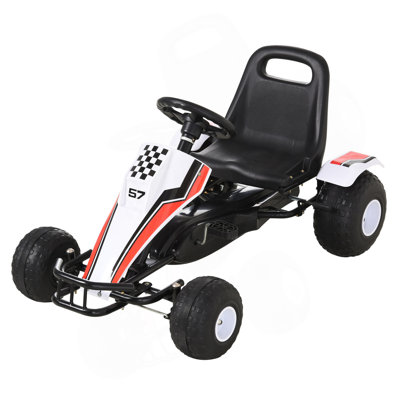 Pédale de karting pour enfants sur une voiture de course avec siège réglable, roues en plastique, frein à main et levier de vitesses, blanc