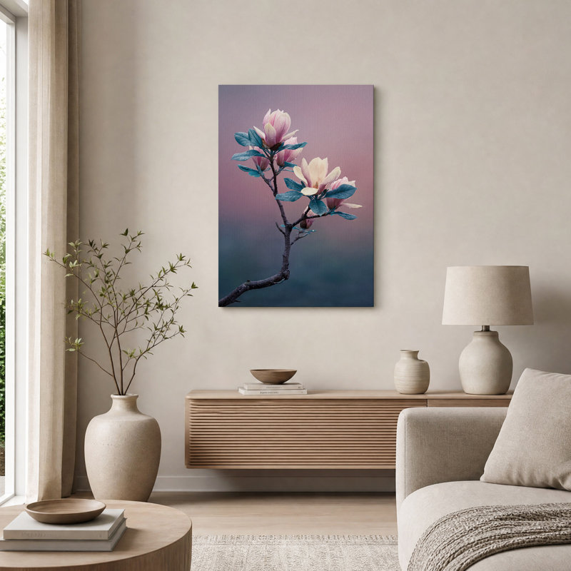 Art sur toile, branche de magnolia rose avec feuilles bleu sarcelle et gouttelettes d'eau, H 48 po x l 32 po