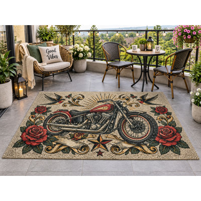 Tapis d'extérieur 152 x 213 cm (5' x 7') à motif de moto et roses rouges vintage, épais, imperméable, en PVC bouclé, résistant et à séchage rapide, idéal pour terrasse, balcon, entrée, VR ou autre espace extérieur.