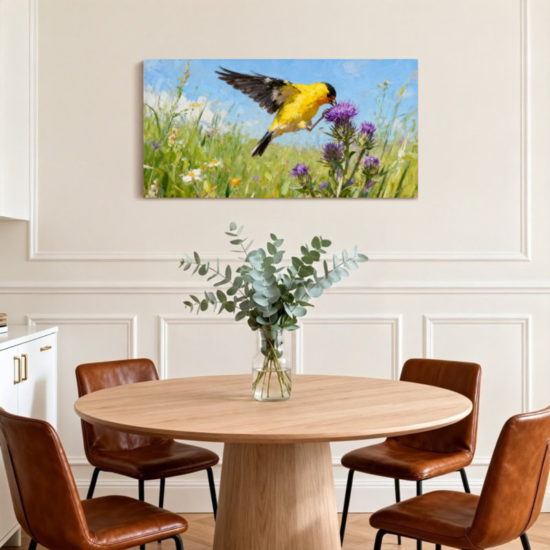 Animaux, oiseau jaune volant près de fleurs mauves, H 16 po x l 32 po