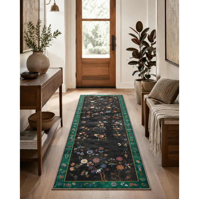 Tapis décoratif noir à motif floral noir, Rectangle 5 pi 2 po x 7 pi 7 po
