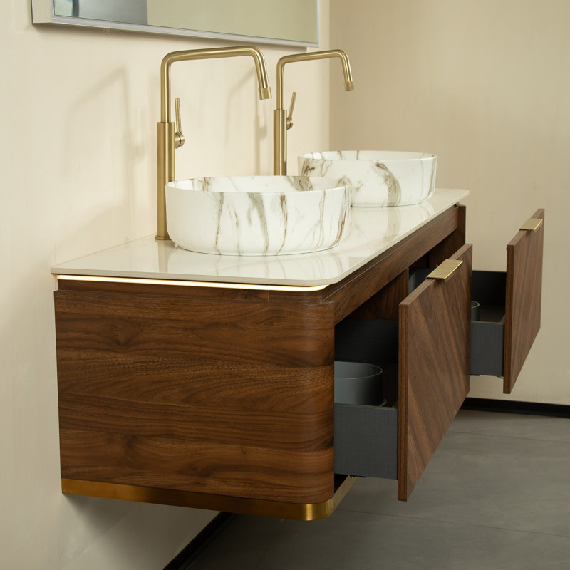Meuble-lavabo flottant à double cuve 60 po avec lavabos vasques en marbre rond et plateau en pierre frittée 60 po, armoire en contreplaqué en noyer foncé ou chêne clair, garniture dorée, capteur à DEL, pré-assemblé, tiroir double