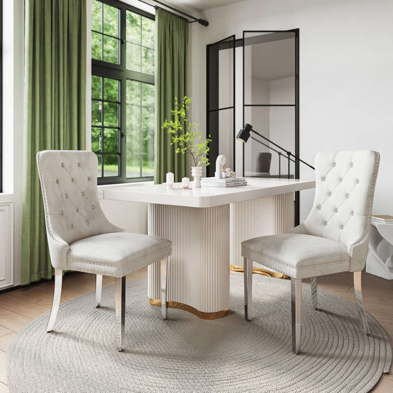 Tufted Velvet Upholstered Wingback  Dining Chair, Silver, White