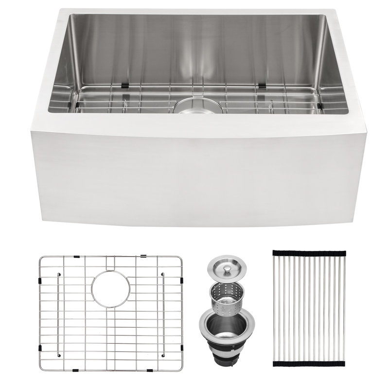 Évier de cuisine 24 pouces - 24 x 21 x 10 pouces, cuve unique à tablier en acier inoxydable, profondeur 10 pouces, calibre 16, construction T304, guide d'eau en forme de X, coins arrondis R10, revêtement, tapis en caoutchouc de 3 mm, livré avec grille à vaisselle.