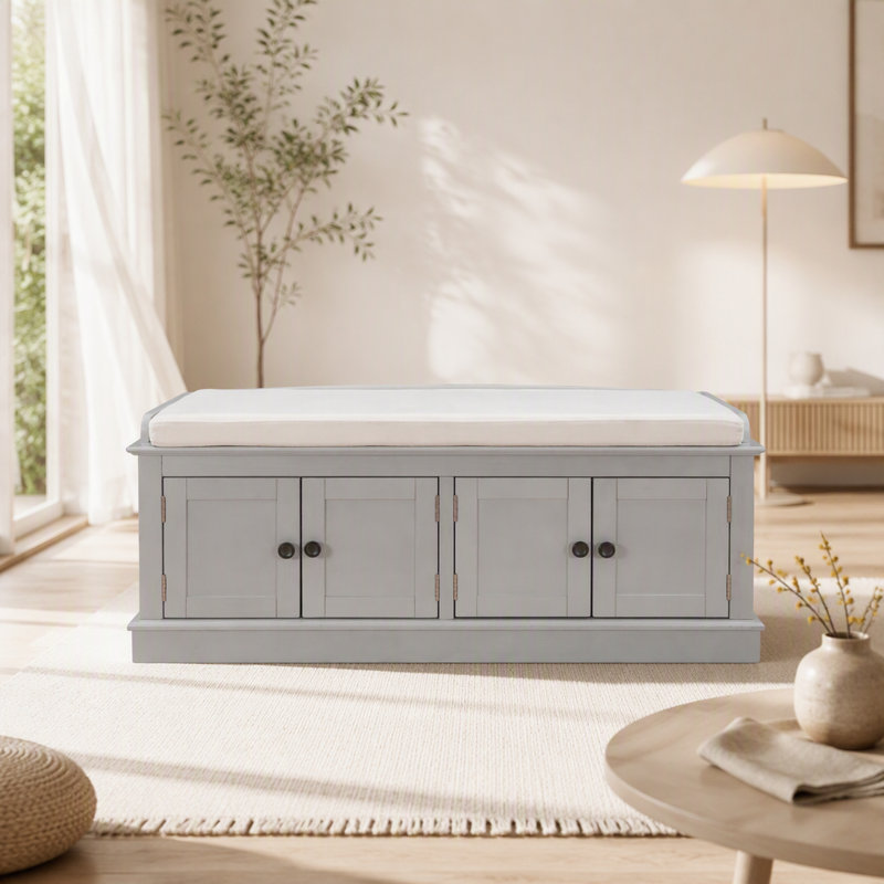 Banc de rangement avec étagères ajustables, banc à chaussures avec coussin amovible, Grey, Gris