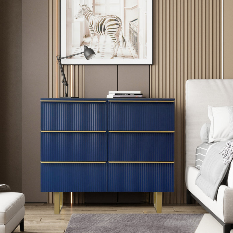 6-drawer Dresser In Mdf Wood With Gold Metal Legs And Handles., Navy Blue