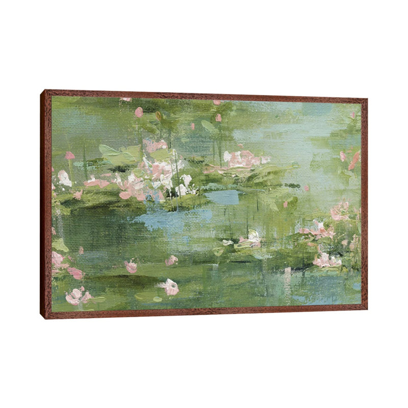 Celadon Waterlillies I by Carol Robinson - Painting on Canvas, 66.04 cm H x 45.72 cm W, Classic Brown Wood Framed